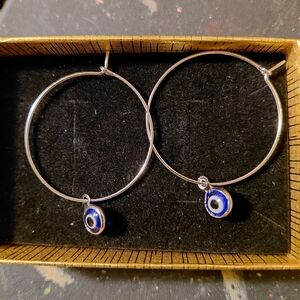 Silver Hoop Earrings with Blue Evil Eye Charm